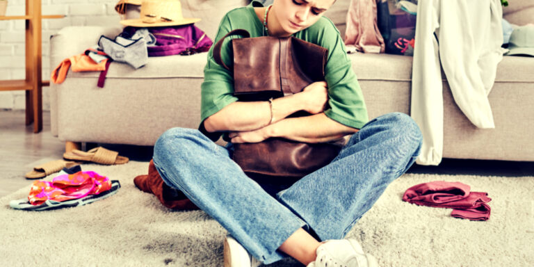 woman holding an item sadly, sorting through personal belongings after a death