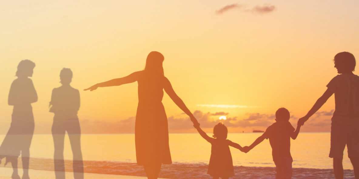 Hope for the Grieving, Family on the beach at sunset with mom reaching towards shadows of family members who are no longer with her