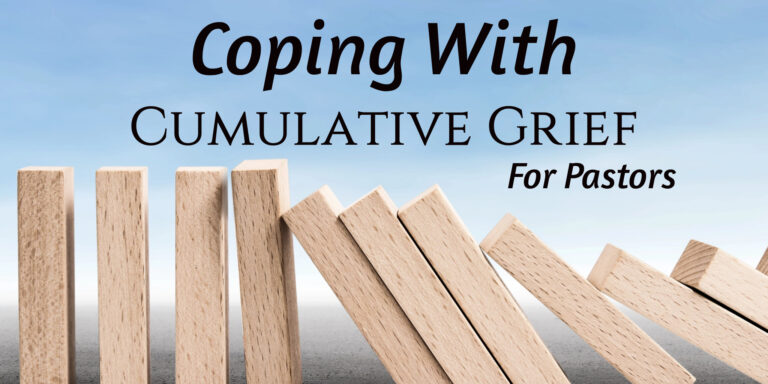 Blue sky, wooden dominoes in a line, beginning to fall and knock each other over. Caption: Coping with cumulative grief for pastors