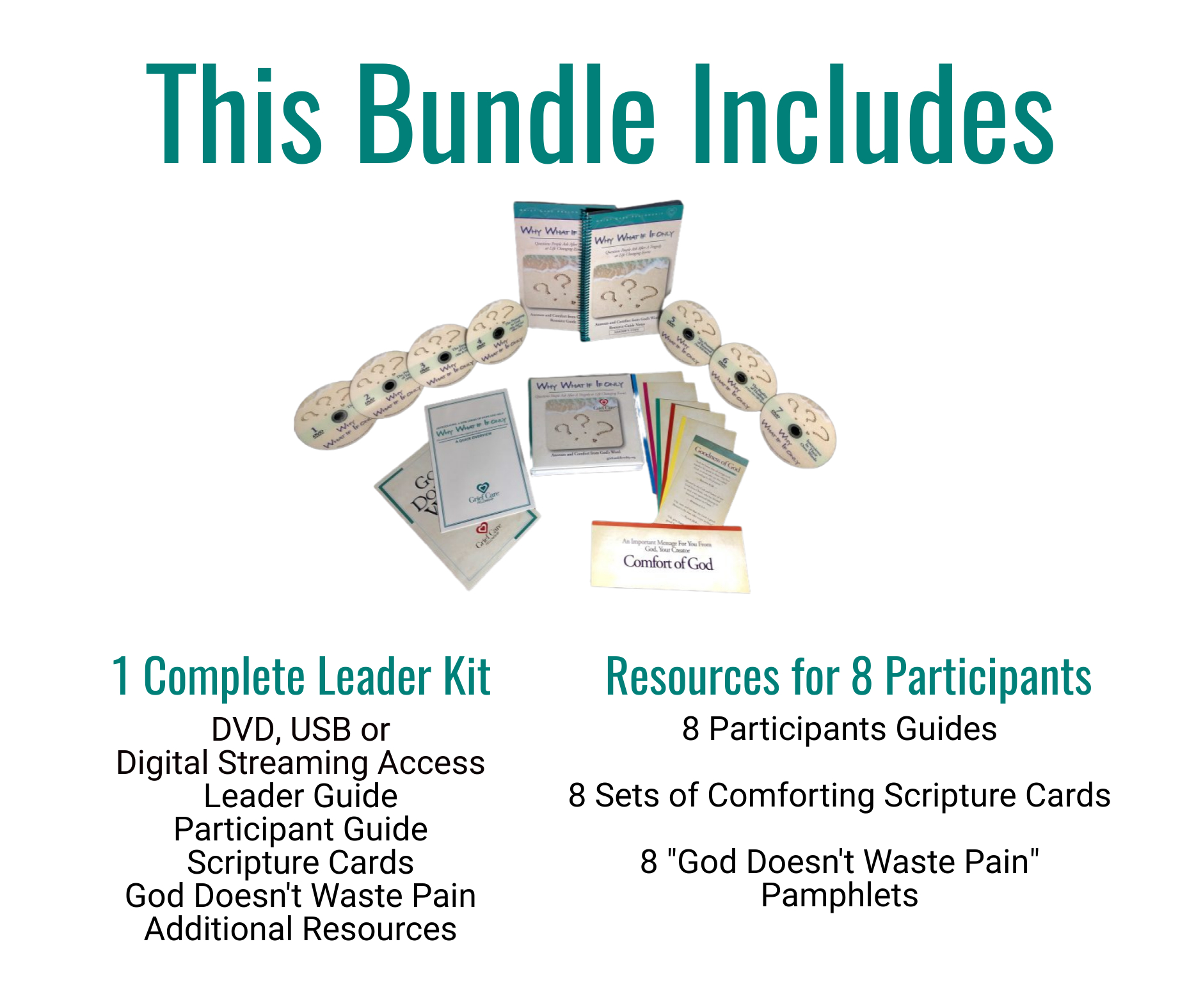 The Why, What if, If Only Startup Bundle includes a complete leader kit and all resources needed for 8 participants